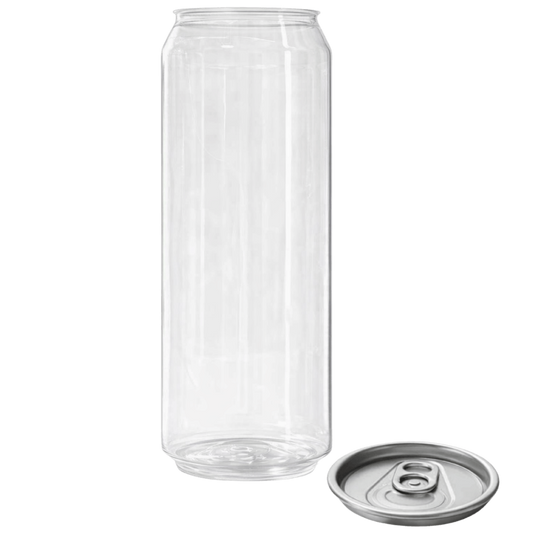 Clear 500ml PET cans with foil lid for drinks, showcasing premium design and recyclable build.