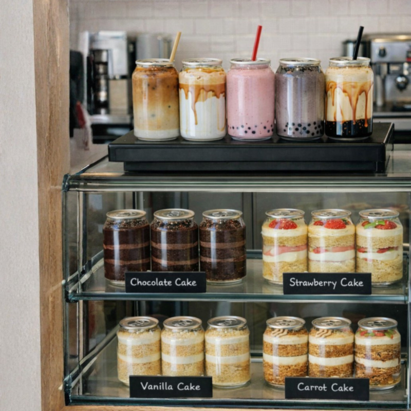 Premium-looking canned products on a retail shelf