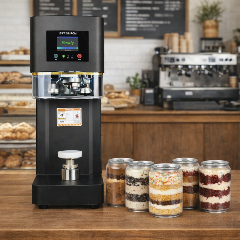 Not Soda can sealing machine beside freshly packaged treats