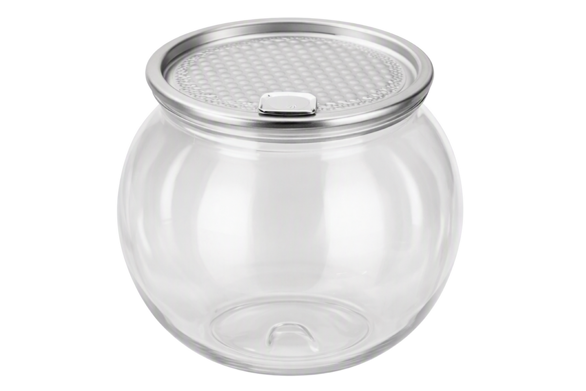 210ml Buzz Ball can with foil lid, clear glass round globe design for bold product presentation.