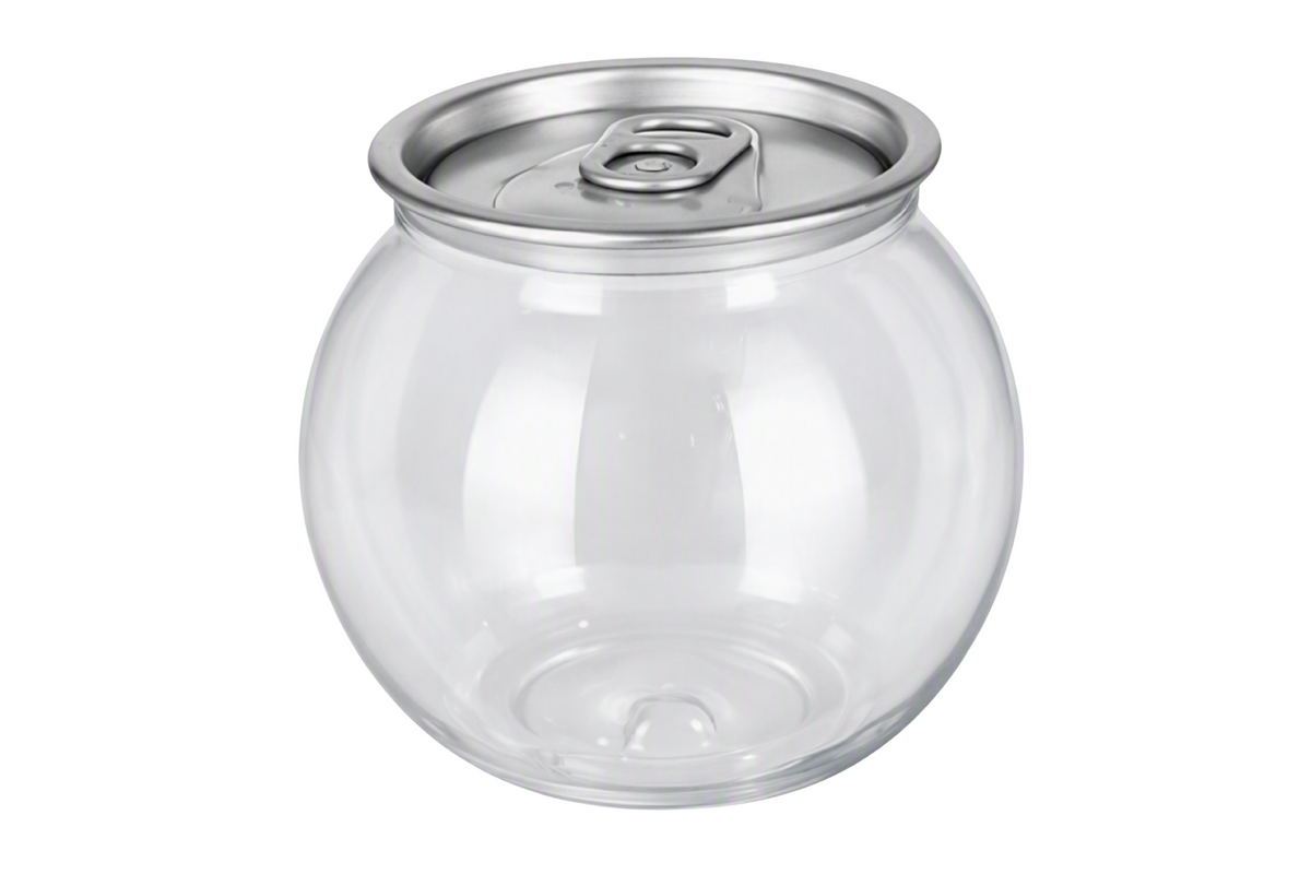 210ml Buzz Ball Cans — A clear globe-shaped can with foil lid, perfect for unique beverage presentations.